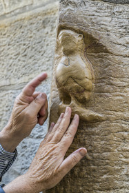 France, Côte-d'Or (21), Dijon, zone classée Patrimoine Mondial de l'UNESCO, chouette porte-bonheur sculptée se trouvant sur le contrefort Nord de l'église Notre-Dame rue de la chouette