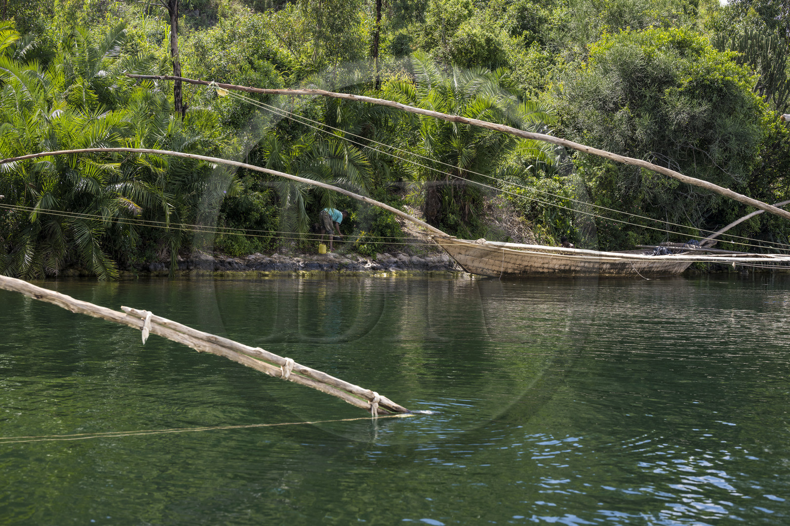 Rwanda, Province de l’Ouest, Karongi (anciennement nommée Kibuye), lac Kivu, bateau de pêche traditionnels à balanciers