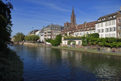 France, Bas Rhin, Strasbourg, banks of Ill River facing quai des Bateliers and the cathedral