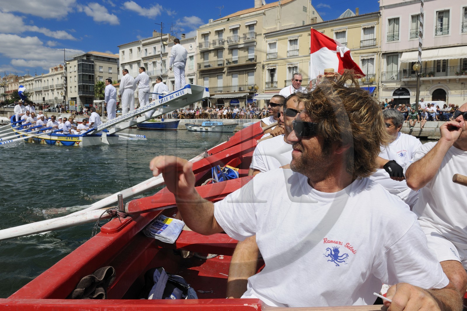 France, Hérault (34), Sète, canal Royal, fête de la Saint Louis, joutes sètoises, les rameurs