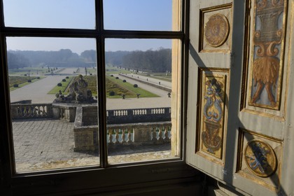 France, Seine et Marne, Maincy, Chateau de Vaux le Vicomte, view of the gardens and painted interiors shutters