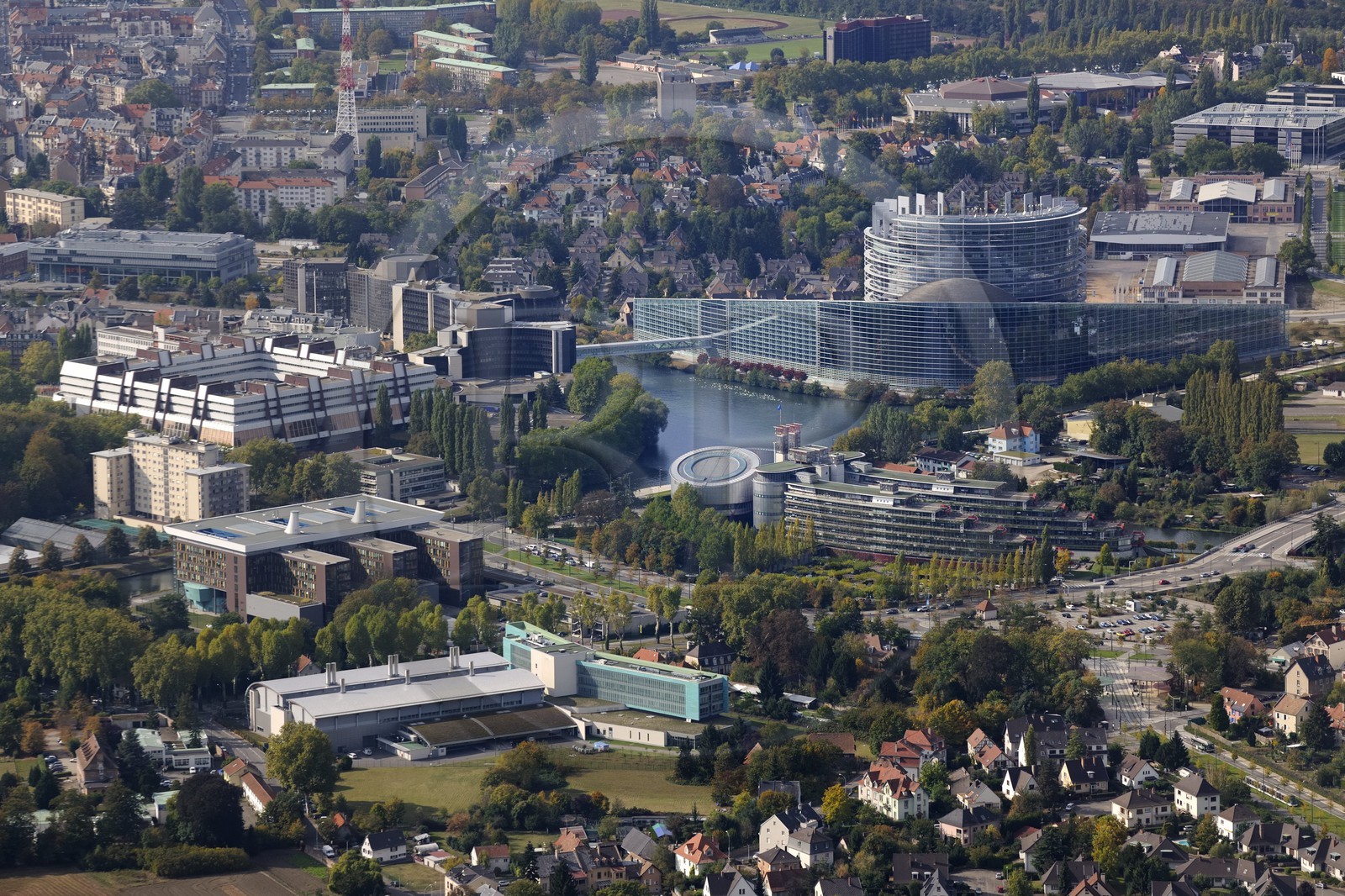 France, Bas Rhin, Strasbourg, European District with the European Council, the European Parlement, Palais des Droits de l'Homme (European Court for Human Rights) and European Pharmacopoeia in the foreground (aerial view)