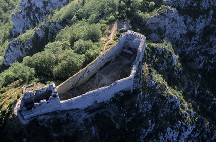 France, Ariege, Pays d' Olmes, Cathar Castle of Montsegur perched on rock (aerial view)
