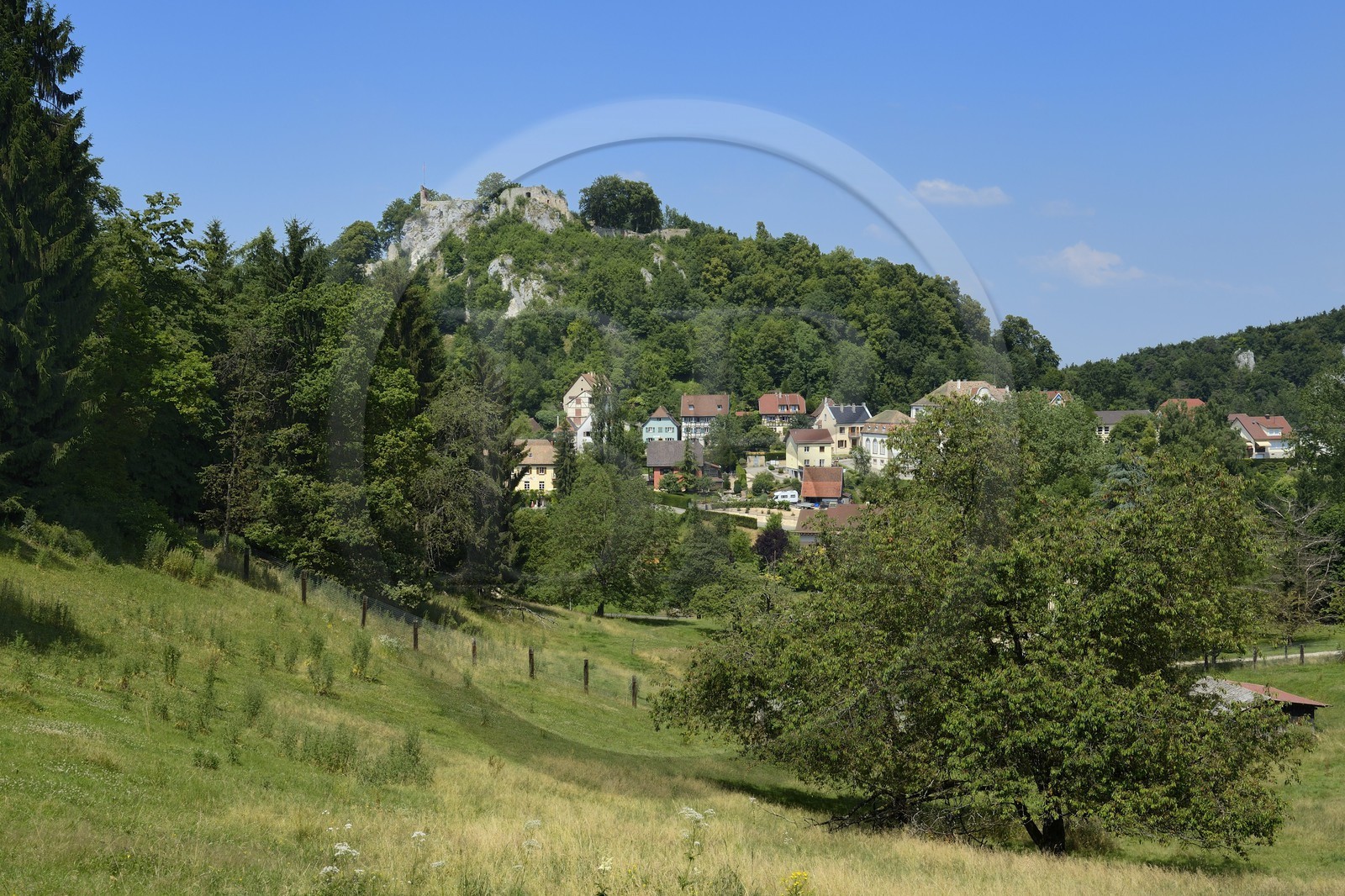 France, Haut Rhin, Sundgau, Ferrette overlooked by its castle
