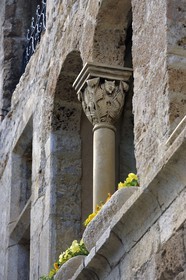 France, Herault, Saint Guilhem le Desert Medieval Village, Labelled Les Plus Beaux Villages de France (the Most Beautiful Villages of France), carved column rue du Four