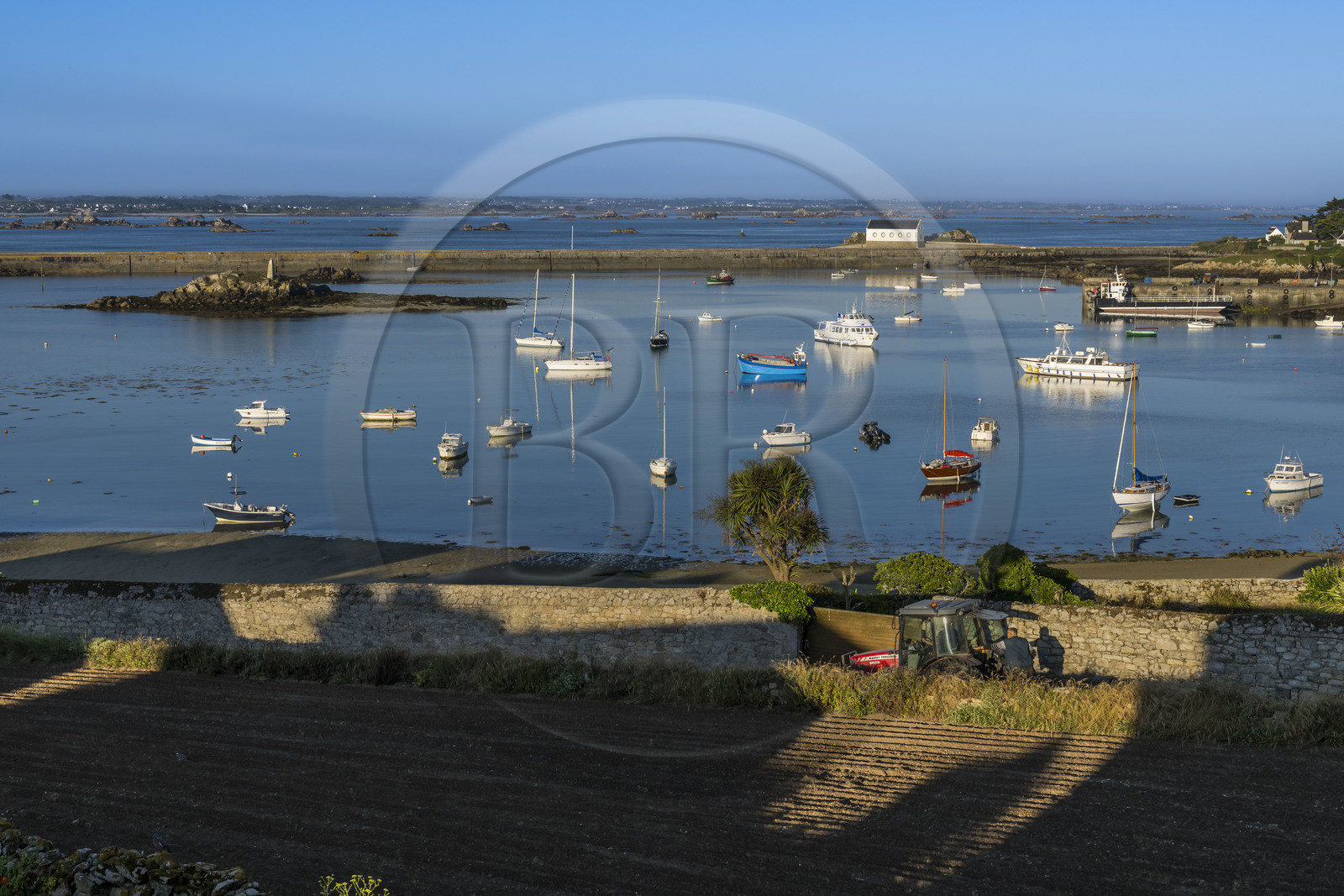 France, Finistère (29), Iles du Ponant, Ile de Batz, baie de Porz-Kernok dans le chenal au petit matin, le tracteur est le moyen de transport principal de l'ile