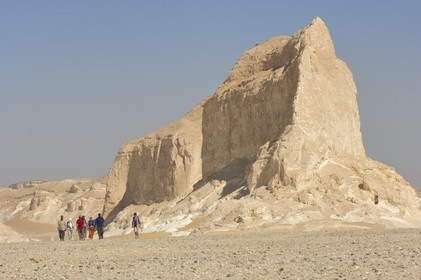 Egypt, Libyan Desert, group of hikers in the White Desert North of Farafra