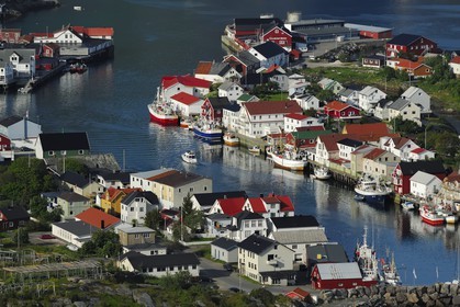 Norway, Nordland County, Lofoten Islands, Vagan island, port of Henningsvaer (aerial view)