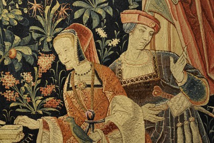 France, Paris (75), musée du Moyen-Age, ancien hôtel de Cluny, tapisserie de la vie seigneuriale du début 16ème siècle, scène galante