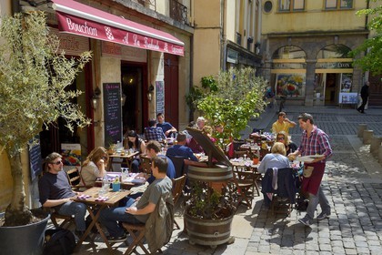 France, Rhone, Lyon, historical site listed as World Heritage by UNESCO, St. Paul neighborhood in the Vieux Lyon (Old Town), Place du Gouvernement and Bouchons Lyonnais (typical and traditional restaurants of Lyon)