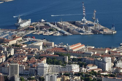 France, Var, Toulon, the Rade (Roadstead), the naval base (Arsenal) seen from Mont Faron, the dry docks and the Vauban dock