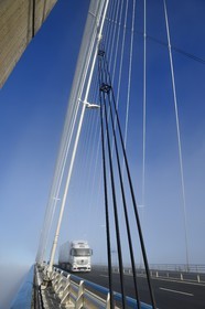 France, between  Calvados and Seine Maritime, the Pont de Normandie (Normandy Bridge) spans the Seine in the Fog