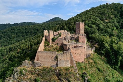 France, Haut Rhin, the Alsace Wine Route, Ribeauville, Saint Ulrich Castle, residence of Ribeaupierre until the 15th century (aerial view)