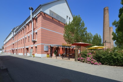 France, Haut Rhin, Mulhouse, the Fabrique and brick chimneys of former industrial buildings in the Mer Rouge (Red Sea) neighborhood