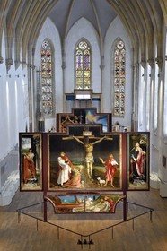 France, Haut Rhin, Colmar, Unterlinden Museum, Issenheim altarpiece credited to Grünewald, scene of the Crucifixion and Entombment of Christ