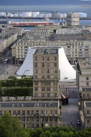 France, Seine Maritime, Le Havre, Downtown rebuilt by Auguste Perret listed as World Heritage by UNESCO, Perret buildings in front of the cultural center called Volcano created by Oscar Niemeyer
