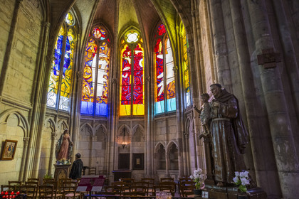 France, Nièvre, Nevers, Saint Cyr et Sainte Julitte cathedral, contemporary stained glass windows by artists Jean-Michel Alberola, Claude Viallat, Gottfried Honegger, Raoul Ubac and François Rouan in Gothic architecture