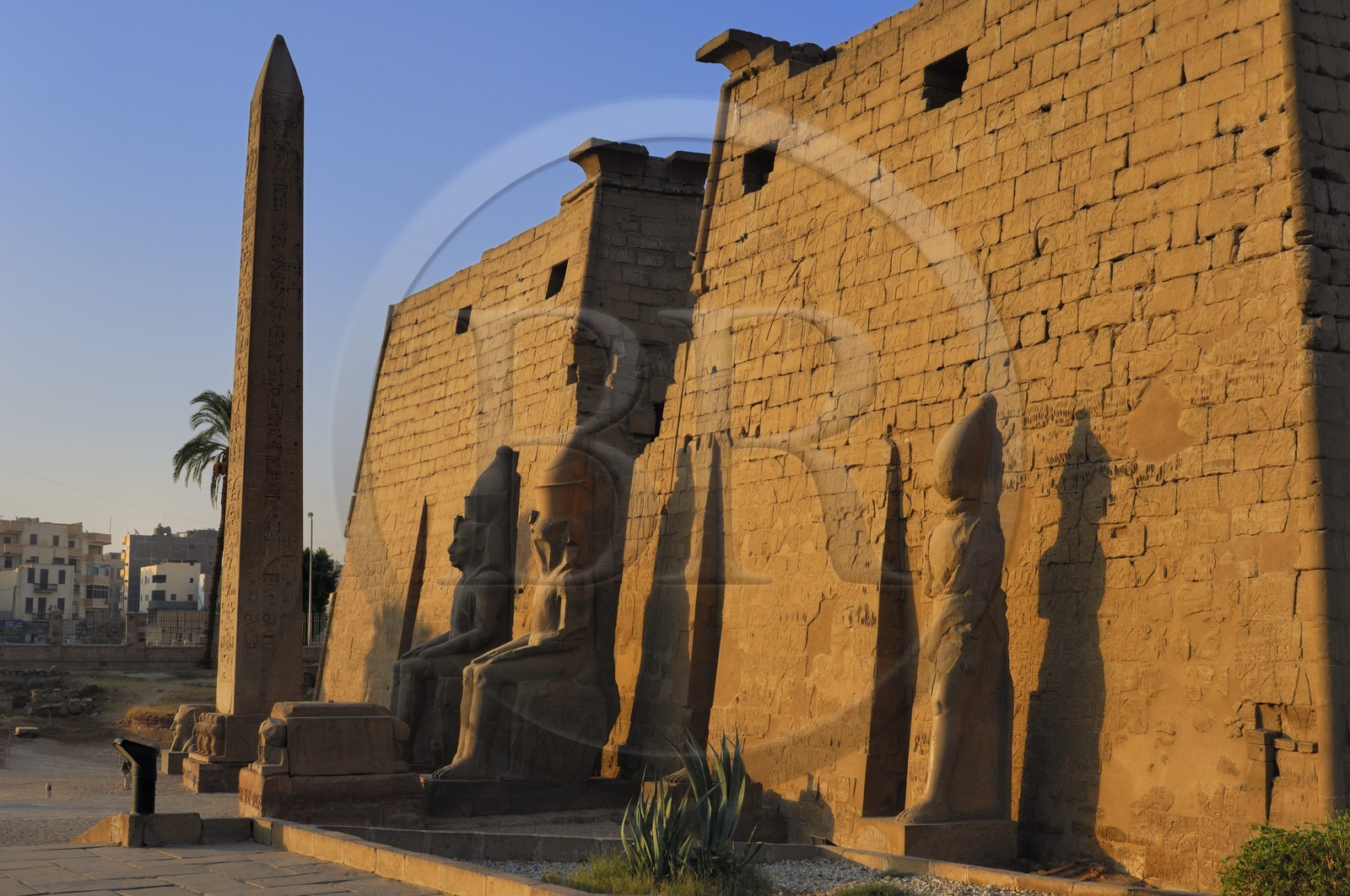 Egypte, Haute Egypte, vallée du Nil, temple de Louxor classé Patrimoine Mondial de l'UNESCO, le 1er pylone et l'obélisque