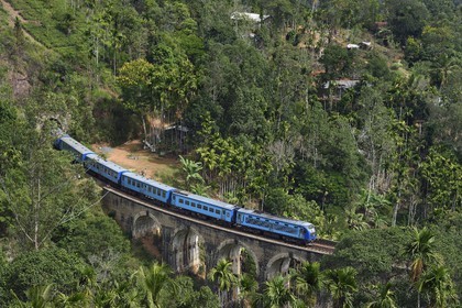 Sri Lanka, Uva Province, train on the railway track that goes through the tea growing hill country between Badulla and Ella, the Nine Arches bridge (1921) next to Ella