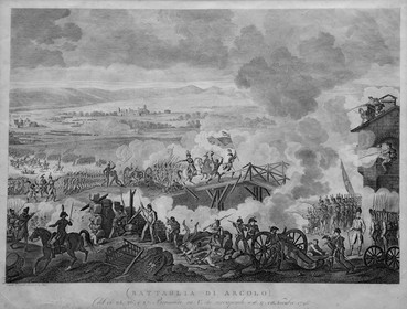 Italy, Lombardy, Milan, Museum of the Risorgimento (Museo del Risorgimento),  engraving of the Battle of Arcole or Battle of Arcola on the 15–17 November 1796 saw the victory of the french troup of Napoleon Bonaparte over Austrian army under Jozsef Alvinczi