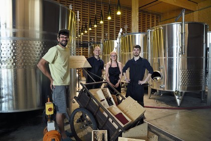 France, Bas Rhin, the Alsace Wine Route, Scherwiller, biodynamic wine estate Achillée in a building entirely of natural construction, Jean Dietrich made a racking of its tanks