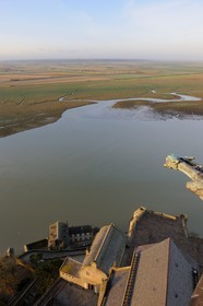France, Manche, Mont Saint Michel, listed as World Heritage by UNESCO, Apse and the bay seen from the spire at dawn