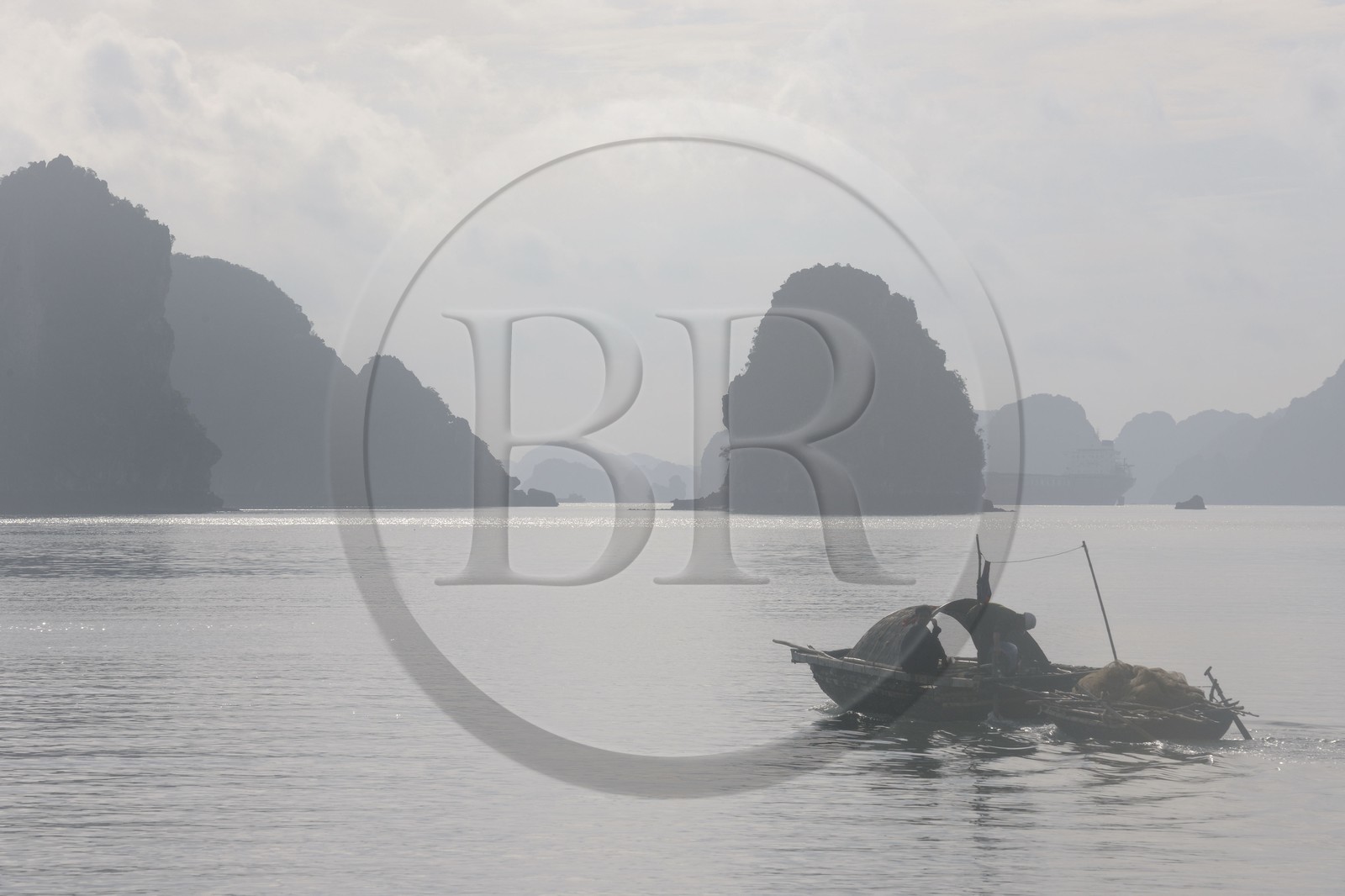 Vietnam, province de Quang Ninh, la Baie d'Halong classée Patrimoine Mondial de l'UNESCO, bateau de pêche entre les iles karstiques