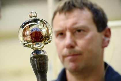 France, Moselle, Saint-Louis-les-Bitche, the Cristallerie Saint-Louis (Saint-Louis crystal glass manufacturer), glassmaker checking his work on a paperweight