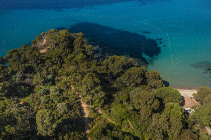 France, Var, Le Rayol Canadel sur Mer, Domaine du Rayol, Conservatoire du Littoral Estate compulsory mention, Jardin des Mediterranees designed by landscaper Gilles Clément, marine path area in the Marine Garden (aerial view)