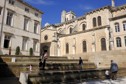 France, Gard, Nimes, Place of Chapter, the monumental staircase fountain and the Cathedral Notre-Dame-et-Saint-Castor