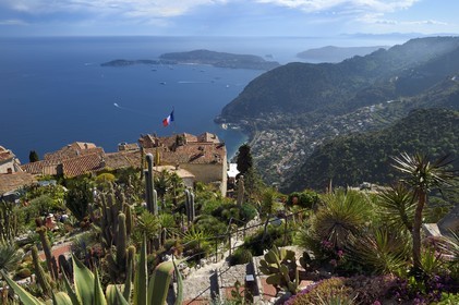 France, Alpes Maritimes, the hilltop village of Eze and its Exotic Garden, Saint Jean Cap Ferrat in the background