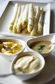 France, Bas Rhin, Strasbourg, white asparagus dish with three sauces, Dutch , mayonnaise and vinaigrette