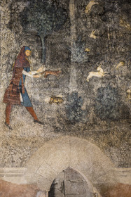 France, Vaucluse (84), Avignon, Palais des Papes classé Patrimoine mondial de l'UNESCO, tour de la Garde-Robe, chambre du Cerf, studium ou cabinet de travail de Clément VI, qui évoque dans un panorama ininterrompu les plaisirs seigneuriaux dont diverses techniques de chasse et de pêches, chasse au furet