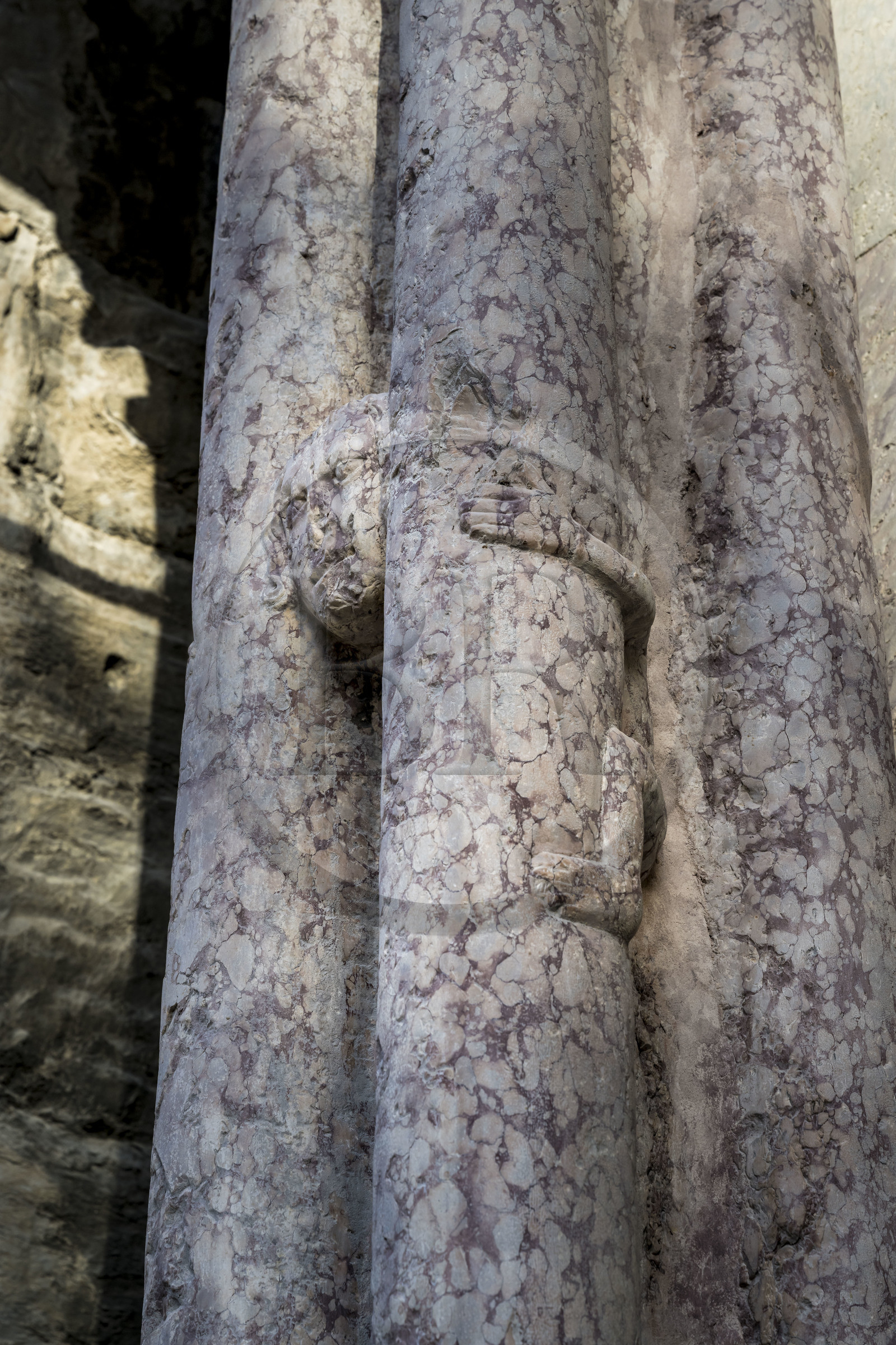 France, Hautes Alpes (05), Embrun, la cathédrale Notre Dame du Real du XII siecle, le protiro nommé porche du Réal ou des Rois Mages de style lombard, petit personnage sculpté sur un des groupes de colonnettes de marbre rose