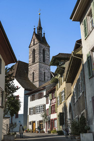 Switzerland, Basel, Old town of Greater Basel (left bank), Petersgasse Street and St. Peter's reformed church (Peterskirche)
