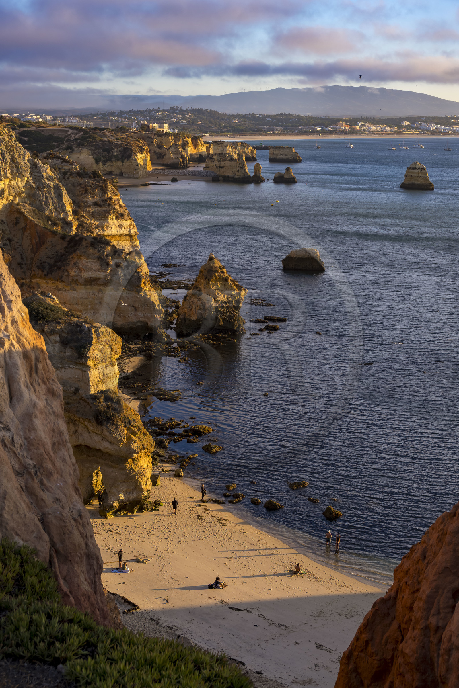 Portugal, Algarve, Lagos, la plage de Praia do Camilo nichée entre des falaises escarpées non loin de Ponta da Piedade