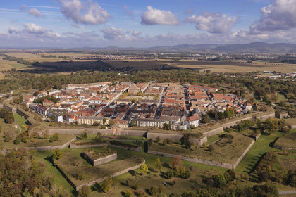 France, Haut-Rhin, Neuf Brisach, town fortified by Vauban, listed as World Heritage by UNESCO, the Porte de Belfort to the south-west and the Black Forest in the background (aerial view)