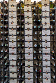 France, Cote d'Or, cultural Landscape of the climates of Burgundy listed as World Heritage by UNESCO, Route des Grands Crus (road of Vintage Wines), vineyard of the Côte de Nuits, Vougeot, the Chateau of Clos de Vougeot, wine library in the cellar of the Château du Clos de Vougeot with the plaques from the annual tastings