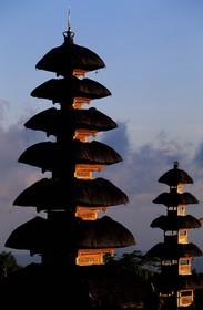 Indonesia, Bali Island, Pura (Temple) Besakih, Meru from Pura Penataran Agung with overlapping hipped roof system rising through the sky