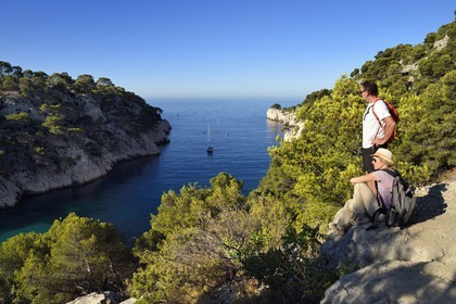 France, Bouches du Rhone, Marseille, National Park of the Calanques, Calanque de Port Pin (cove), Andre Bernard founder of the Cassis guide office hiking (request for authorization necessary before publication)