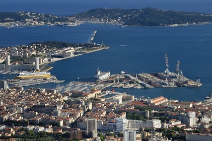 France, Var, Toulon, the Rade (Roadstead) seen from Mount Faron with the city and the port, the peninsula of Saint mandrier in the background