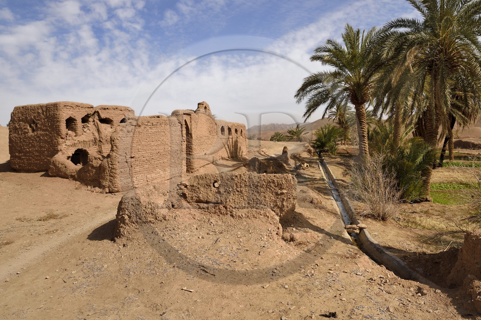 Iran, Province d'Ispahan, désert du Dasht-e Kavir, l'oasis d'Arousan dans la région de Khur et Biabanak, ruine de maisons en terre crue et canal d'irrigation des champs cultivés