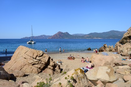 France, Corse-du-Sud (2A), Golfe de Porto, classé Patrimoine Mondial de l'UNESCO, Piana, anse et plage de Ficajola