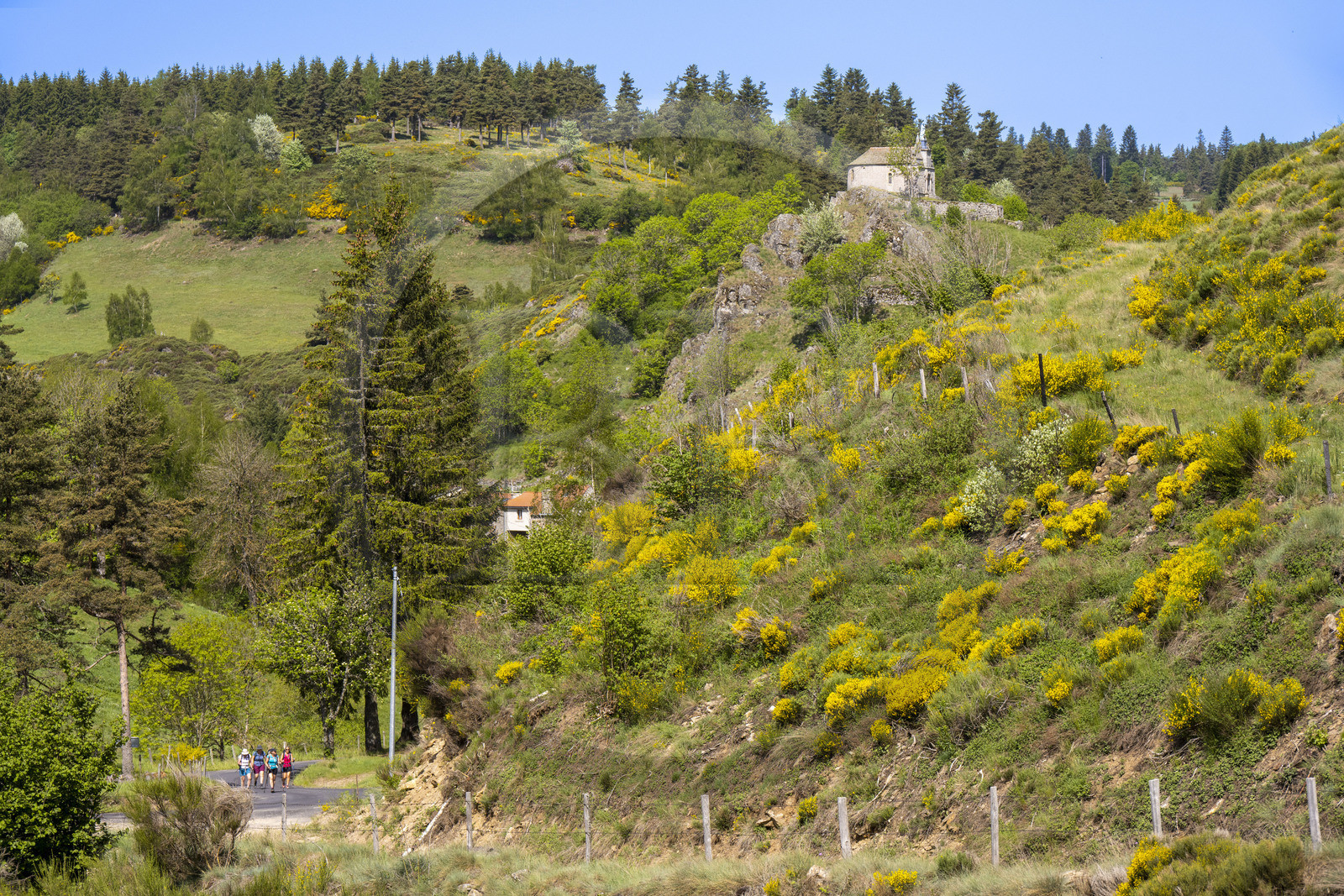 France, Lozere, Cheylard-l'Evêque, the chapel overlooks the village, hiking with a donkey on the Stevenson trail (GR 70)
