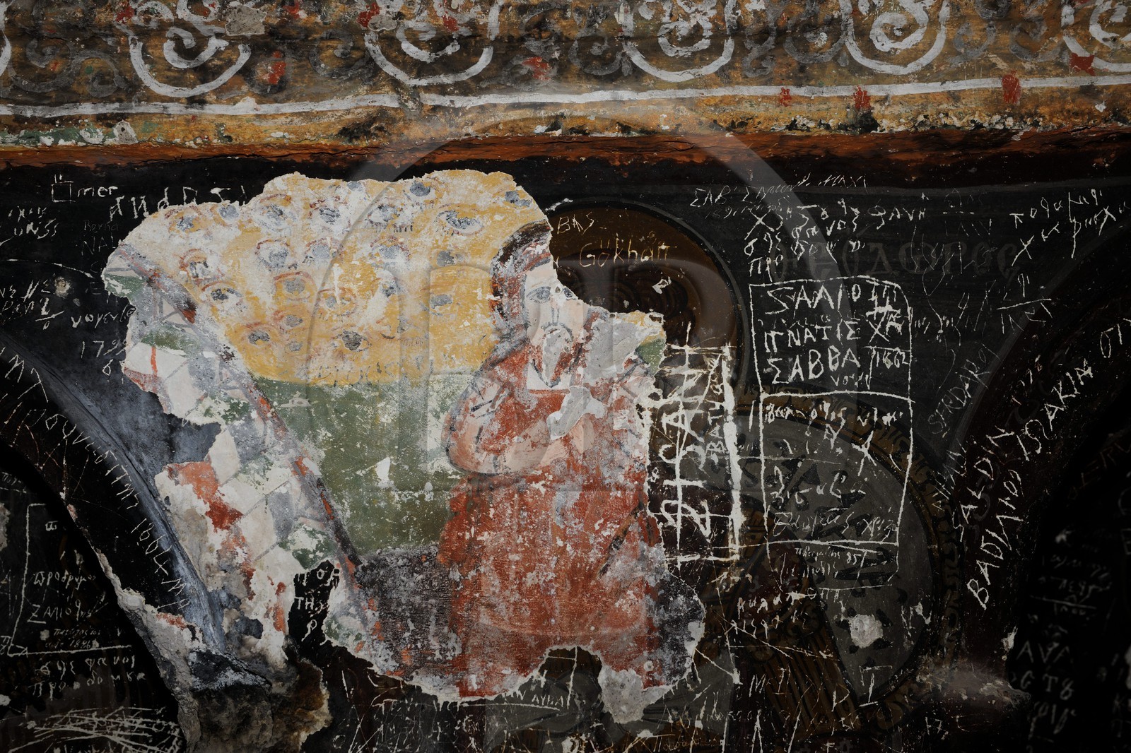 Turquie, Anatolie Centrale, province de Kayseri, Cappadoce classée Patrimoine Mondial de l'UNESCO, vallée de Soganli, église de la Tête Noire (Karabas Kilise) troglodytique, fresques murales