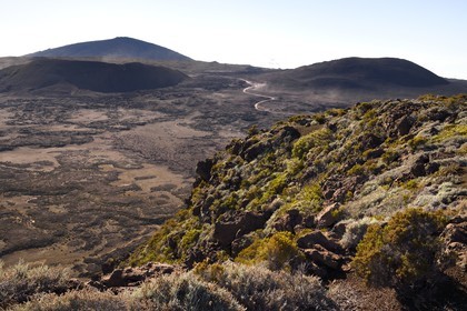 France, Ile de la Reunion, Parc National de la Réunion classé Patrimoine Mondial de l'UNESCO, sur les pentes du volcan de Piton de la Fournaise, randonnée du sentier de l'oratoire Ste Thérèse au dessus de la Plaine des Sables que l'on aperçoit en contrebas