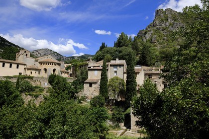 France, Hérault (34), village médiéval de Saint-Guilhem-le-Désert, étape du pélerinage de Saint-Jacques-de-Compostelle, labellisé Les Plus Beaux Villages de France, abbaye de Gellone du XIe siècle classée Patrimoine Mondial de l'UNESCO