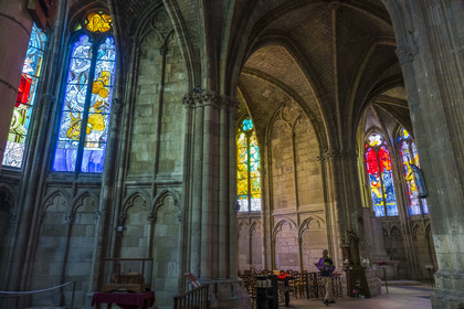 France, Nièvre, Nevers, Saint Cyr et Sainte Julitte cathedral, contemporary stained glass windows by artists Jean-Michel Alberola, Claude Viallat, Gottfried Honegger, Raoul Ubac and François Rouan in Gothic architecture