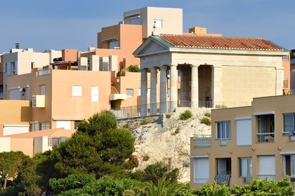 France, Bouches du Rhone, Marseille, Calanques National Park, archipelago of Frioul islands, Ratonneau island, the village of Frioul and its church looking like of a Greek temple