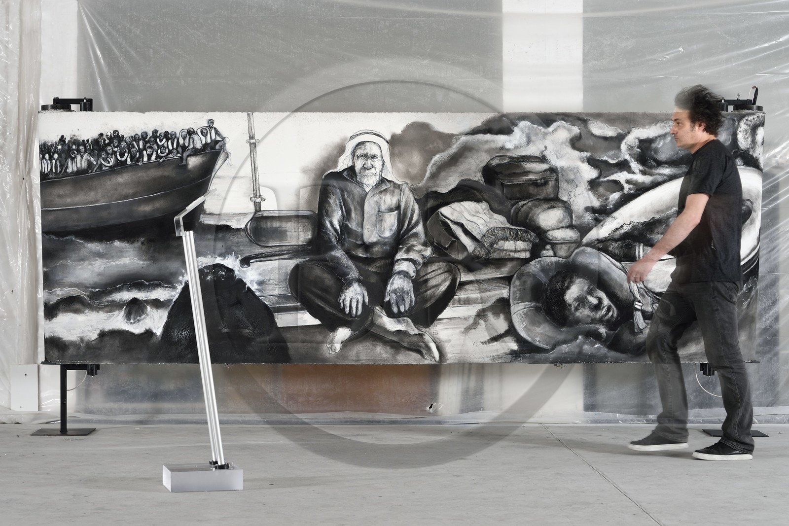 France, Val-de-Marne (94), Yvry-sur-Seine, Atelier de Fred Kleinberg, travail pour l'exposition Odyssée